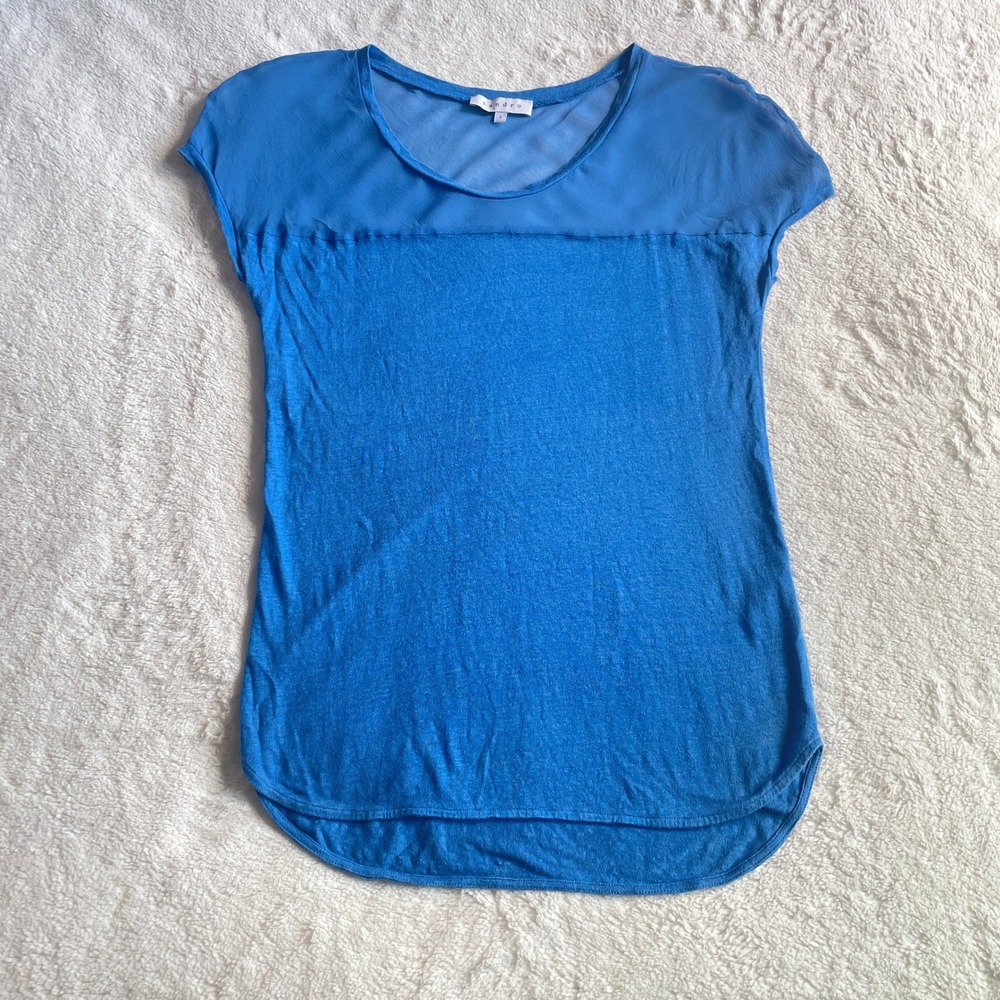 Sandro Linen Silk Sheer Yoke Short Sleeve Top Blue Size 2
